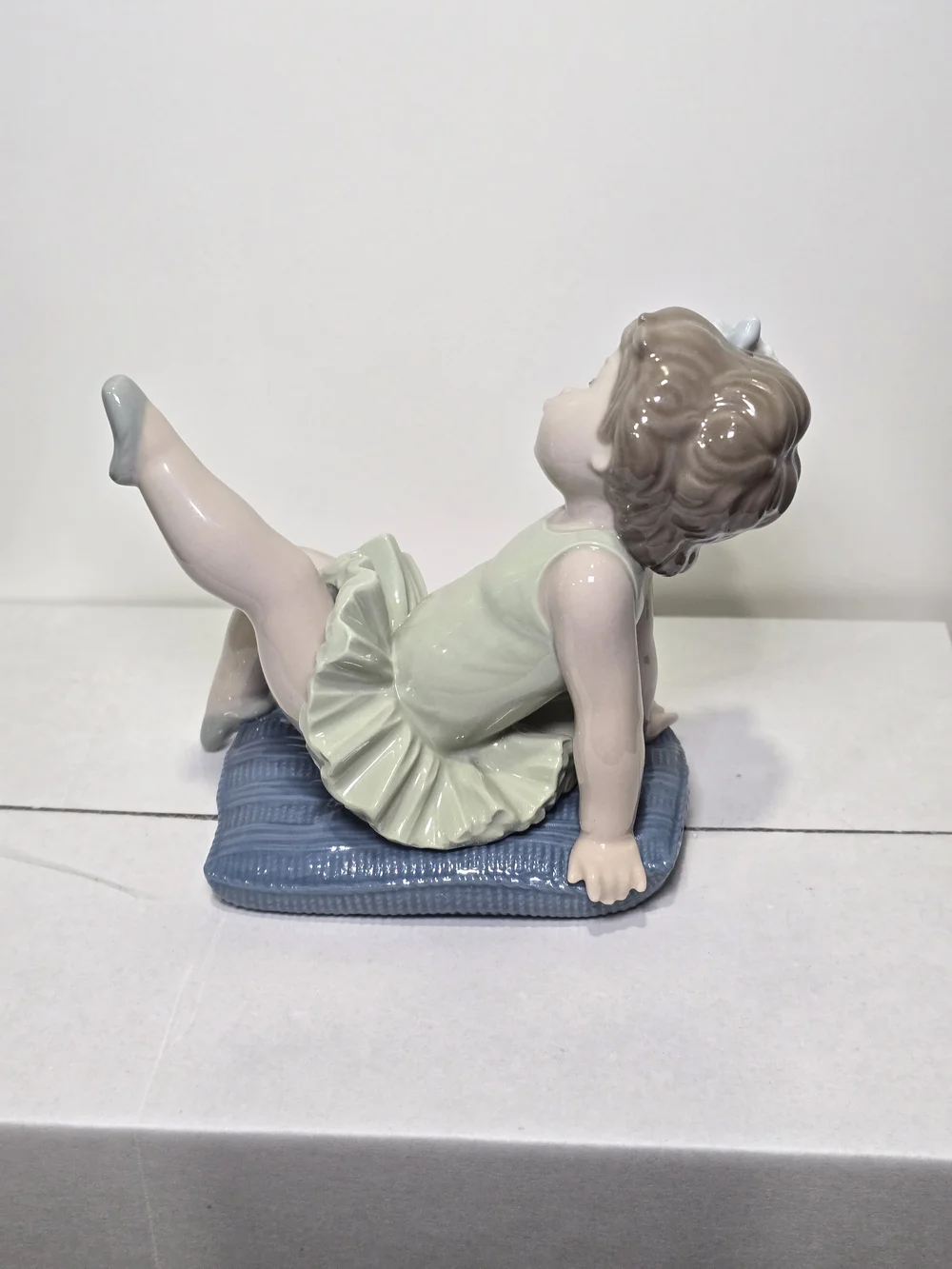 Lladro Pastel Green Ballerina on Blue Cushion Figurine
